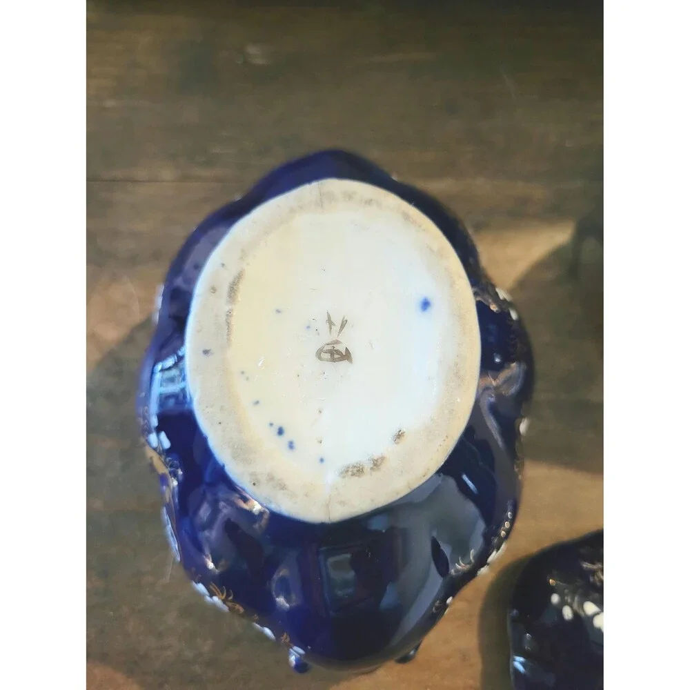 Chrysanthemum Cobalt Blue Porcelain Creamer & Sugar Set – Gold Accents